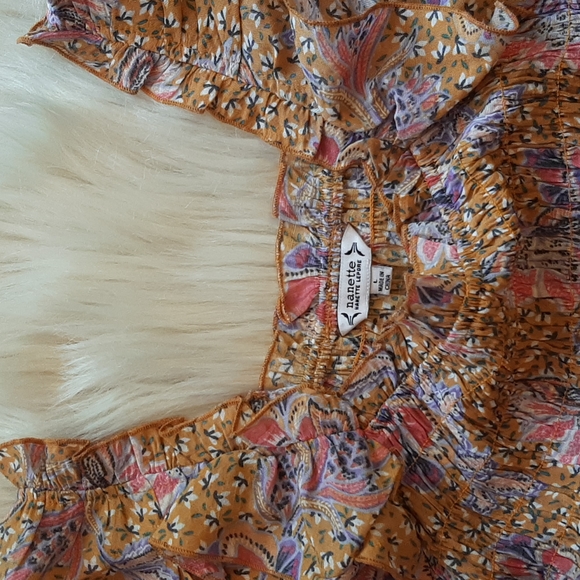 Nanette Lepore Burnt Orange Floral Print Ruched Ruffle Bottom Top, Large, NWT - Picture 4 of 12